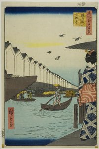 Yoroi Ferry, Koami-cho (Yoroi no watashi Koami-cho), sarjasta "One Hundred Famous Views of Edo (Meisho Edo hyakkei)". tekijältä Utagawa Hiroshige