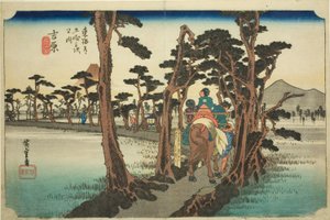 Yoshiwara: Fuji-vuori vasemmalla (Yoshiwara, hidari Fuji), sarjasta "Fifty-three Stations of the Tokaido Road (Tokaido gojusan tsugi no uchi)", joka tunnetaan myös nimellä Hoeido Tokaido tekijältä Utagawa Hiroshige