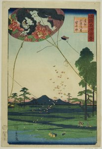 Fukuroin leijat ja Akiban kaukainen näkymä Totomin maakunnassa (Enshu Akiba enkei Fukuroi tako), sarjasta "Sata kuuluisaa näkymät eri maakunnissa (Shokoku meisho hyakkei)" tekijältä Utagawa Hiroshige II