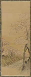 Maisema: kukkivat kirsikkapuut puron varrella, Edo-kausi, 1615-1868.