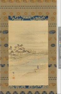 Jokimaisema: puupihat ja lautat, 1800-luvun puoliväli. tekijältä Utagawa Hiroshige II