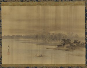 Jokimaisema ja temppeli sateessa, Edo-kausi, 1800-luku. tekijältä Utagawa Hiroshige II