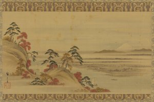 Jokimaisema: punaiset lehdet ja Fuji-vuori, Edo-kausi, 1800-luvun puoliväli.