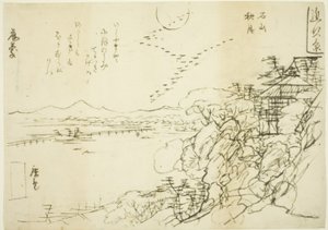 Sketch Autumn Moon at Ishiyama Temple (Ishiyama no shugetsu), sarjasta "Kahdeksan näkymää Omin maakunnassa (Omi hakkei)" tekijältä Utagawa Hiroshige II