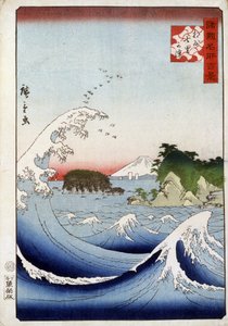 Fuji-vuori levottoman meren takana - Hiroshigen japanilainen printti