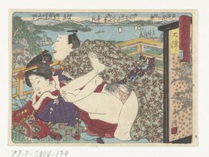 Otsun pysähdyspaikka Otsu (otsikko esineessä) Eroottinen tie pääkaupunkiin (sarjan nimi) tekijältä Utagawa Kunisada (I) (attributed to)