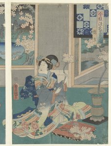 Kolmas kuukausi Yayoi (otsikko esineessä) Modernit Genjin tarinat kahdentoista kuukauden aikana (sarjan nimi) Imayo Genji junikagetsu no uchi (sarjan nimi esineessä) tekijältä Utagawa Kunisada (I)