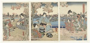 Kevätjuhla Itä-Genjille Azuma Genji hana no yuen (otsikko esineessä) tekijältä Utagawa Kunisada (I)