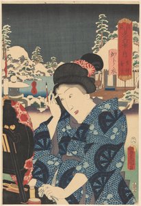 Viipyvää lunta Utsusemella (otsikko esineessä) Genji osui kahdeksaan näkymään (sarjan otsikko objektissa) tekijältä Utagawa Kunisada (I)