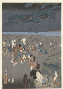 Kerää simpukoita Akashin rannalla Akashi no ura shiogari no zu tekijältä Utagawa Kunisada (I)