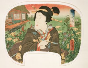 Autumn, Hanayashiki: Geisha piipulla, suunnittelu tuulettimelle neljän kappaleen sarjasta, joka kuvaa vuodenaikaa, 1858-60 (puupalikkaprintti)