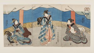 Kauneutta kukkotaistelun aikana (Bijin Toriaiu) (värillinen puupalikkaprintti) tekijältä Utagawa Kunisada
