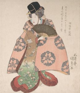 Kabuki näyttelijä naisroolissa seisomassa tuulettimen kanssa, 1800-luku, 1800-luku. tekijältä Utagawa Kunisada