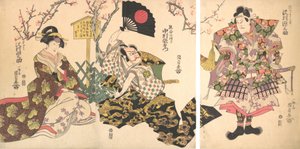 Kabuki-kohtaus Kumagain leirillä, näytelmästä Ichinotanin taistelun kroniikka I..., 1811. tekijältä Utagawa Kunisada