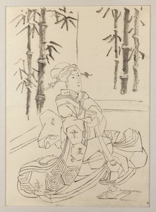 Valmistelupiirros triptyykin Tyttöjen elegantti soitintrio vasenta lehteä varten tekijältä Utagawa Kunisada