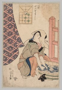 Istuva nainen pesee vaatteita puisessa kylpyammeessa tekijältä Utagawa Kunisada