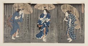 Äkillinen suihku kesähelteellä (Shochu no yudachi) (värillinen puupalikkapainatus) tekijältä Utagawa Kunisada