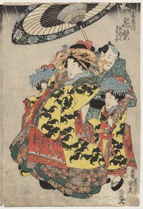 Tamain kurtisaanit Hanmurski ja Koshikibu Promending in the Rainissa tekijältä Utagawa Kunisada