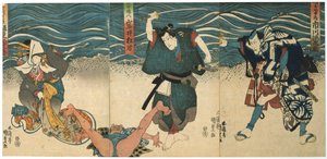 Teatterikohtaus, 1844 tekijältä Utagawa Kunisada