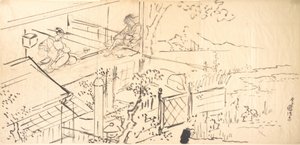 Kaksi kurtisaania nauttimassa näkymistä teehuoneesta tekijältä Utagawa Kunisada