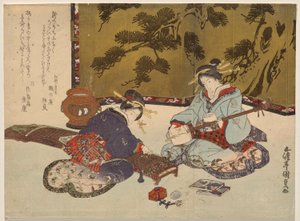 Kaksi kurtisaania soittamassa soittimia tekijältä Utagawa Kunisada