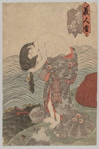 Nainen sukeltaja kampaamassa hiuksiaan tekijältä Utagawa Kunisada