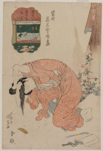 Hiuksiaan sitova nainen (sarjasta Nykyajan kuuluisat ravintolat) tekijältä Utagawa Kunisada