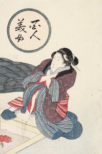 Nainen lämmittelee jalkojaan tulisijan ääressä tekijältä Utagawa Kunisada