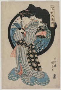 Nainen käsipeilillä sarjasta The Six Tama Rivers of the Floating World tekijältä Utagawa Kunisada
