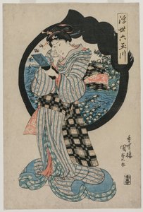 Nainen käsipeilillä sarjasta The Six Tama Rivers of the Floating World, c. 1830-luvun alku tekijältä Utagawa Kunisada