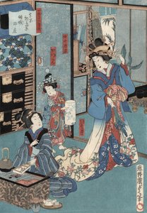 Kunisada II:n Ukiyo-e Geishakuvio Hibachin kanssa, n. 1860 (värillinen puupalikkaprintti)