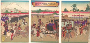 Näkymä sotilaskatsauksen paraatista Aoyamassa helmikuuta 1889 Meiji 22. helmikuuta 1889 Meiji 22.