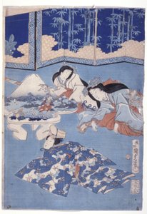 Kevät toivottaa tervetulleeksi kukkaistuimella (Hana Soroi Haru No Taimen) (värillinen puupainatus) tekijältä Utagawa Kunisada II