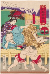 Kahden sumolapsen taistelu Tachibana Muneshigen edessä (1567-1642). Painos Kuniteru, Utagawa (1808-1876)