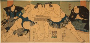Sumopainit taistelevat, Tagasugo vs. Ayusegawa. Utagawa Kuniterun (1808-1876) vedos