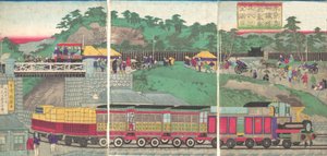 Kuva höyryveturista, joka kulkee Takanawa-rautatiellä Tokiossa Tokion ta..., n. 1873.