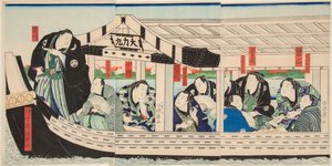Sumopaini Dairiki Maru veneessä ystävien kanssa. Painos Utagawa Kuniteru (1808-1876)