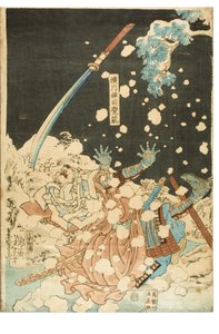 Rohkeus verrattuna lumeen, kuuhun ja kukkiin. Yokogawa Zenshi Kakuhan. Kaatunut soturi lumessa tekijältä Utagawa Kunitoshi