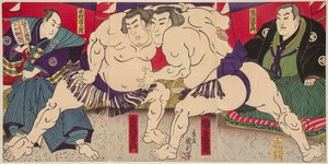 Combat des lutteurs de sumo Umegatani Rodachi ja Kimura Shonosuke. 38x72,5 tekijältä Utagawa Kunitoshi