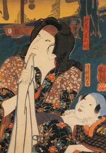 Näyttelijä mietteliässä asennossa lapsen vieressä, Utagawa Kuniyoshi, puupiirros tekijältä Utagawa Kuniyoshi