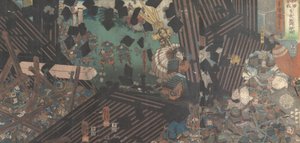 Albumi viidestätoista triptyykistä kuuluisista taistelukohtauksista, 1800-luku. tekijältä Utagawa Kuniyoshi