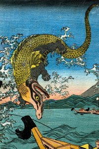 Asahina Yoshihiden taistelu kahden krokotiilin kanssa meressä Kamakura Kotsubon edustalla tekijältä Utagawa Kuniyoshi