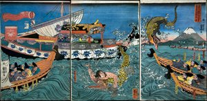 Asahina Yoshihiden taistelu kahden krokotiilin kanssa meressä Kamakura Kotsubon edustalla tekijältä Utagawa Kuniyoshi
