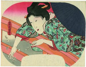 Kaunotar pudottaa Jizō-rukouslappuja Sumidajokeen rauhoittaakseen hukkuneiden henget tekijältä Utagawa Kuniyoshi