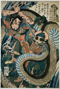 Chūsenko Teitokuson (Ding Desun) attacked by a snake on a mountain path tekijältä Utagawa Kuniyoshi