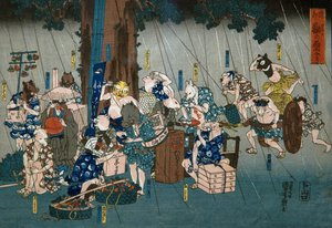 Sarjakuvaeläimet, jotka turvautuvat sateelta (Dōke kemono no amayadori), n. 1842 tekijältä Utagawa Kuniyoshi