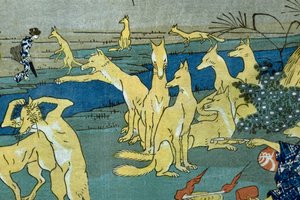 Sarjakuvaketut harjoittelevat muodonmuutosta (Dōke kitsume henge no keiko), n. 1842 tekijältä Utagawa Kuniyoshi