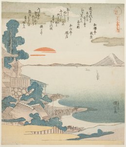 Dawn over Mout Fuji ja Susaki sarjasta "Five Views of Mount Fuji (Fuji goban no uchi)" tekijältä Utagawa Kuniyoshi