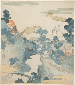 Kaukainen näkymä Fuji-vuorelle aamunkoitteessa Hakonesta käsin tekijältä Utagawa Kuniyoshi