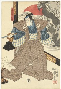 Kolme näyttelijää taittuvalla valkokankaalla tekijältä Utagawa Kuniyoshi